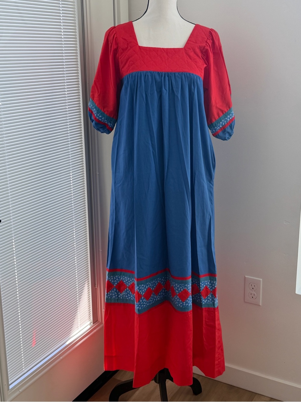 Vintage Red and Blue Square-Neck Maxi Dress with Trim
